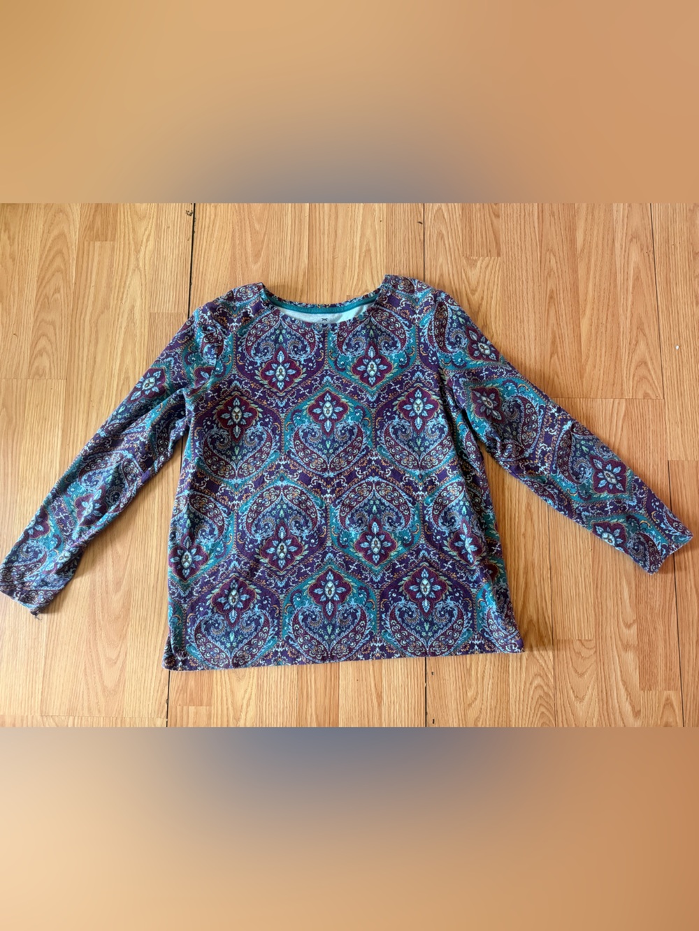 Talbots Womens Small Blue Paisley Long Sleeve Cotton Spandex CrewNeck Tee Top1XP